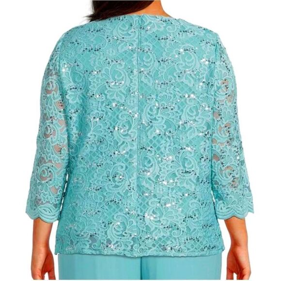 Alex Evenings size 1X turquoise dress jacket Sequin Lace Chiffon Round Neck 3/4 - Picture 2 of 7